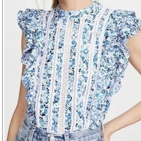 Verónica Beard Top Size 8 blue black and white with lace detail - Picture 2 of 3